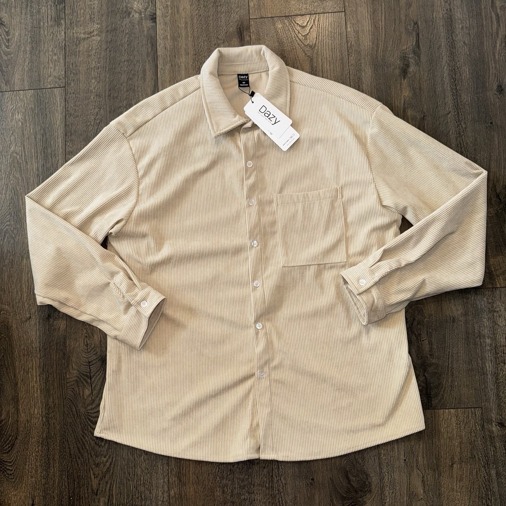 VTG Dazy Mens‎ L Corduroy Shirt Untucked Button Down Long Sleeve Cream Retro